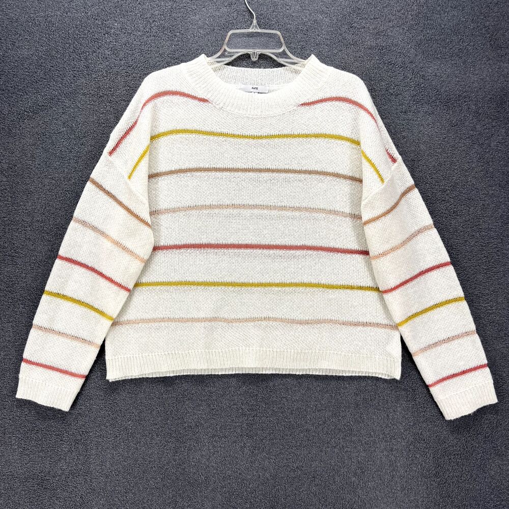 Fate Sweater Womens Large White Yellow Striped Knit‎ Pullover soft crew neck
